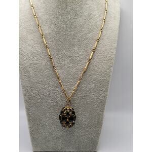 Vintage Black Rhinestone Orb Pendant Necklace Gold Tone Chain